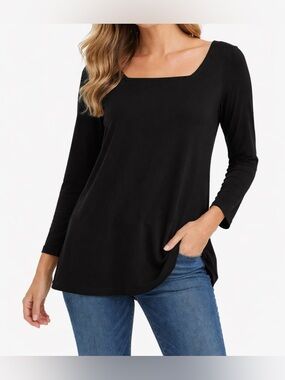 Jones New York Black Square-Neck Long Sleeve Top